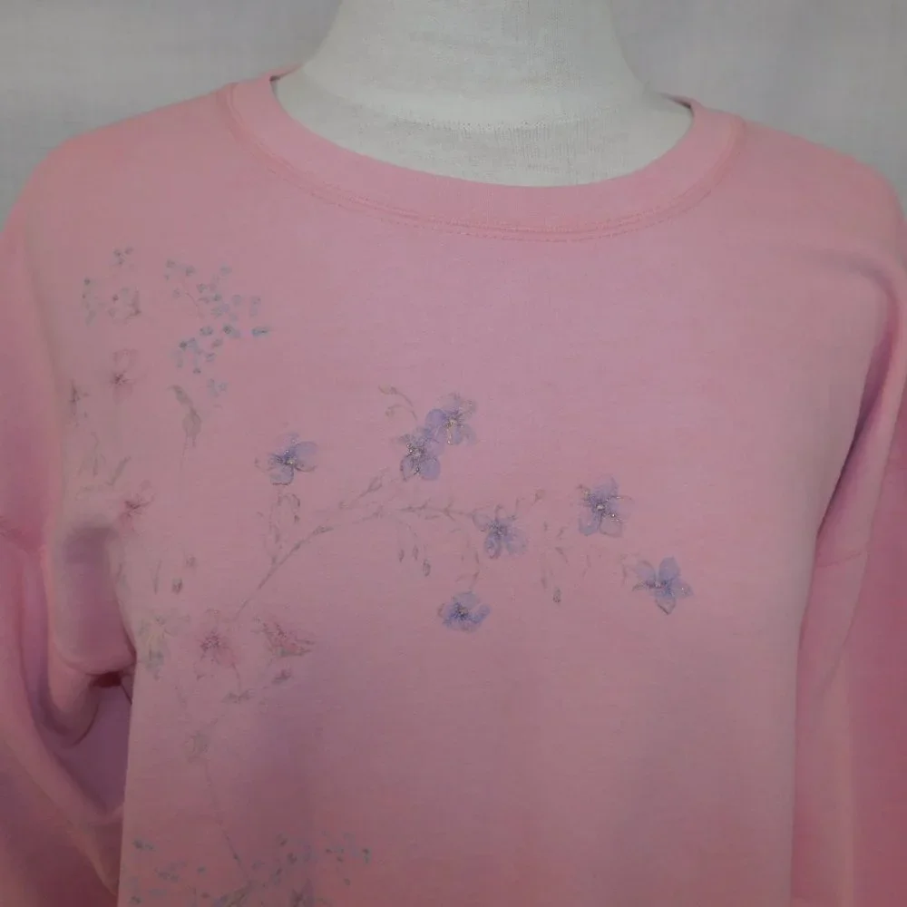 VTG 90s Northern Reflections Womens L Pink Floral Glitter detail Sweatshirt - Picture 2 of 13